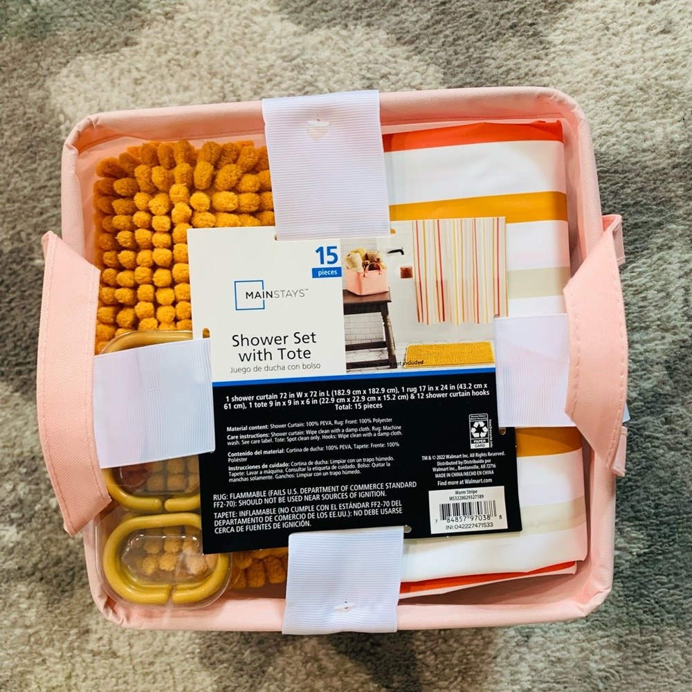 15pc Mainstays Shower Curtain & Tote for Organization| 1 Set | Orange